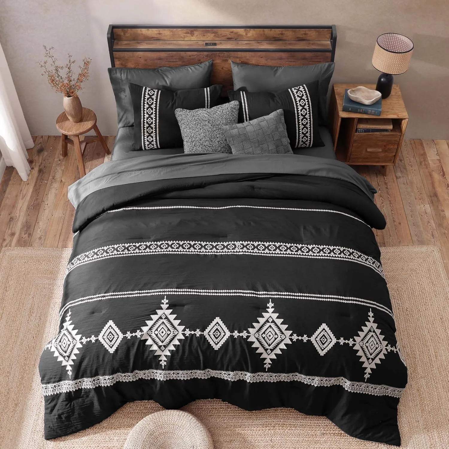 MAIREVE Embroidery Queen Size Comforter Set Black, Boho Farmhouse Western Bedding Set 7 Pieces, All Season Bed in A Bag Comforter Set with Sheets, Pillowcases & Shams
