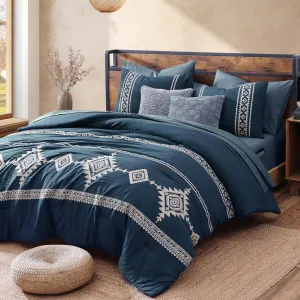 MAIREVE Embroidery Queen Size Comforter Set Navy Blue, Boho Farmhouse Western Bedding Set 7 Pieces, All Season Bed in A Bag Comforter Set with Sheets, Pillowcases & Shams