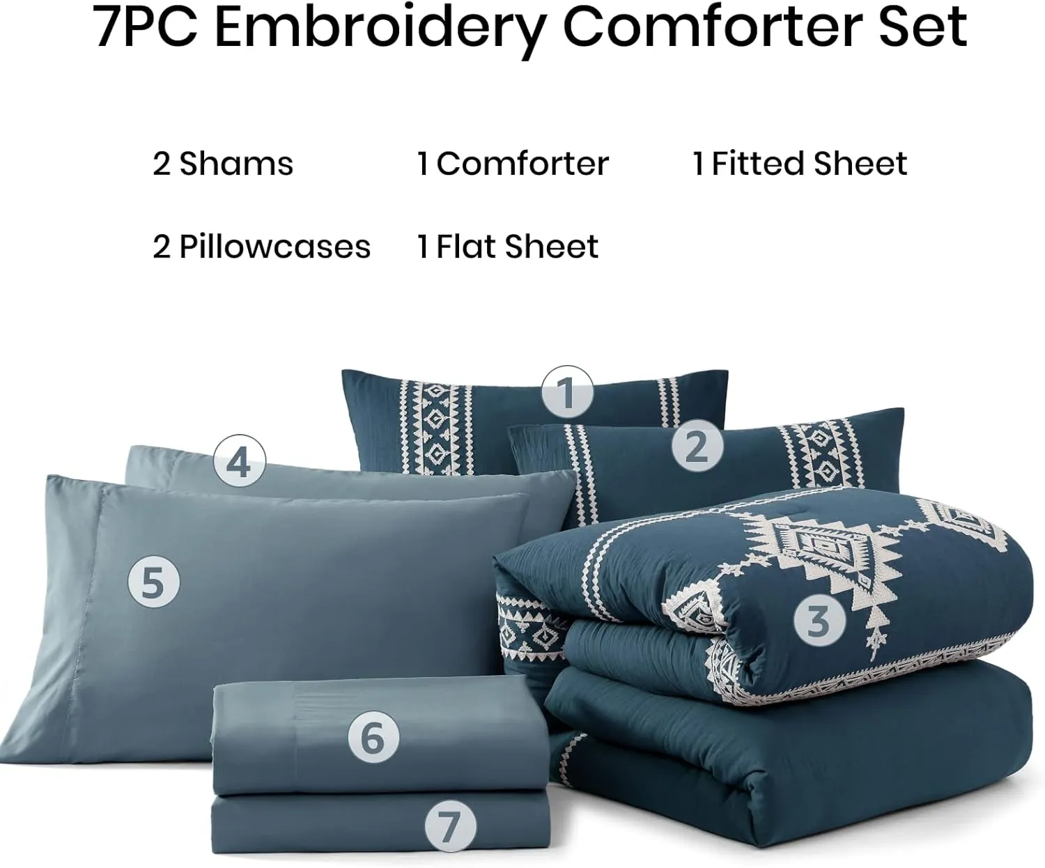 MAIREVE Embroidery Queen Size Comforter Set Navy Blue, Boho Farmhouse Western Bedding Set 7 Pieces, All Season Bed in A Bag Comforter Set with Sheets, Pillowcases & Shams