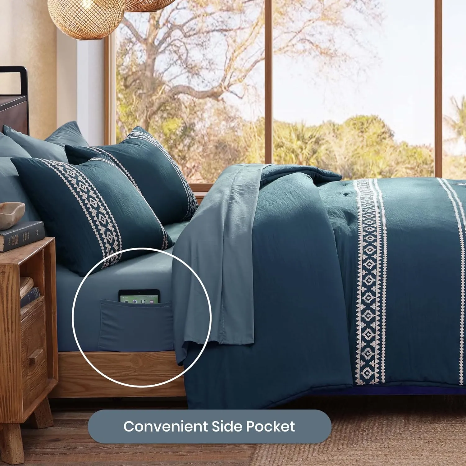 MAIREVE Embroidery Queen Size Comforter Set Navy Blue, Boho Farmhouse Western Bedding Set 7 Pieces, All Season Bed in A Bag Comforter Set with Sheets, Pillowcases & Shams