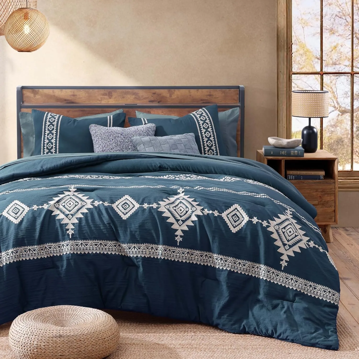MAIREVE Embroidery Queen Size Comforter Set Navy Blue, Boho Farmhouse Western Bedding Set 7 Pieces, All Season Bed in A Bag Comforter Set with Sheets, Pillowcases & Shams