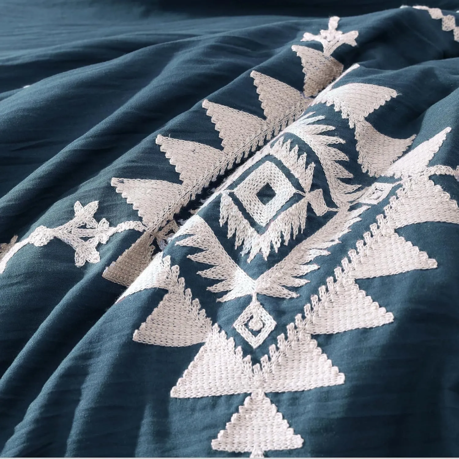 MAIREVE Embroidery Queen Size Comforter Set Navy Blue, Boho Farmhouse Western Bedding Set 7 Pieces, All Season Bed in A Bag Comforter Set with Sheets, Pillowcases & Shams