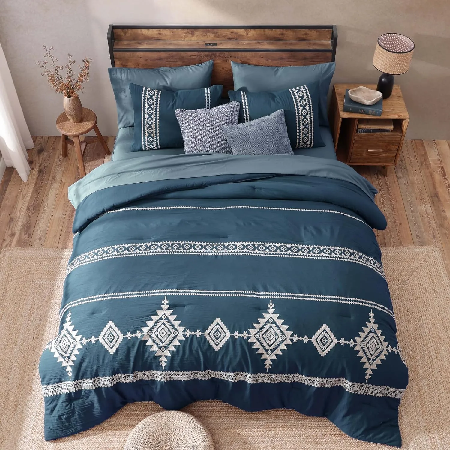 MAIREVE Embroidery Queen Size Comforter Set Navy Blue, Boho Farmhouse Western Bedding Set 7 Pieces, All Season Bed in A Bag Comforter Set with Sheets, Pillowcases & Shams