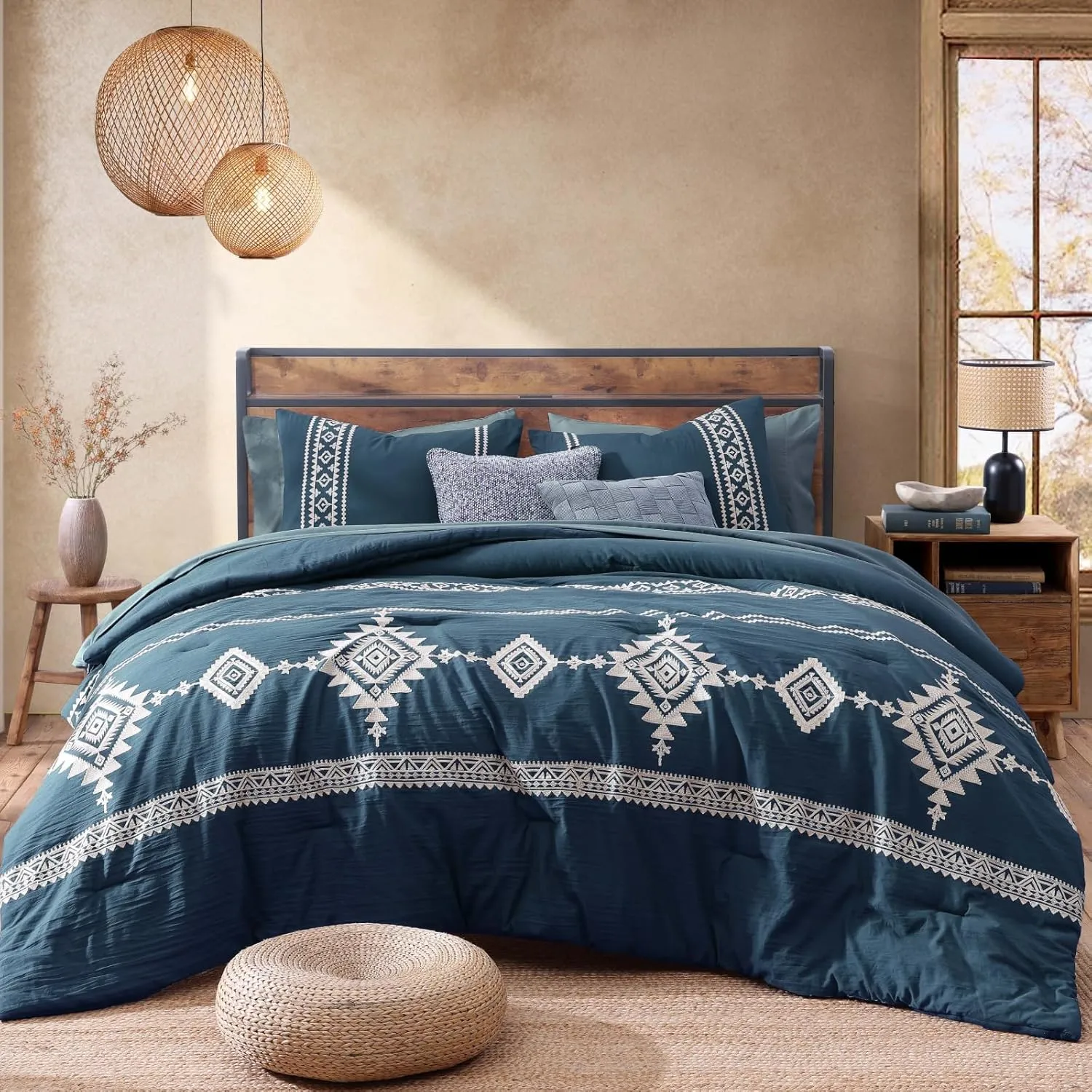 MAIREVE Embroidery Queen Size Comforter Set Navy Blue, Boho Farmhouse Western Bedding Set 7 Pieces, All Season Bed in A Bag Comforter Set with Sheets, Pillowcases & Shams