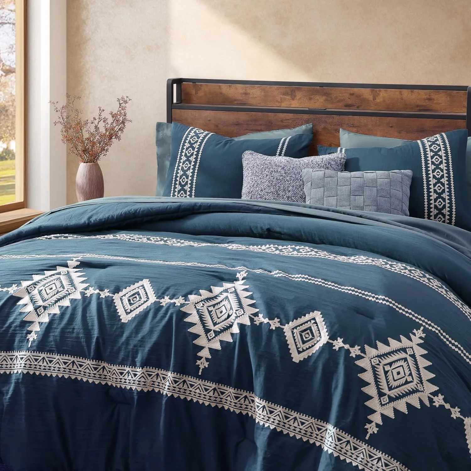 MAIREVE Embroidery Queen Size Comforter Set Navy Blue, Boho Farmhouse Western Bedding Set 7 Pieces, All Season Bed in A Bag Comforter Set with Sheets, Pillowcases & Shams