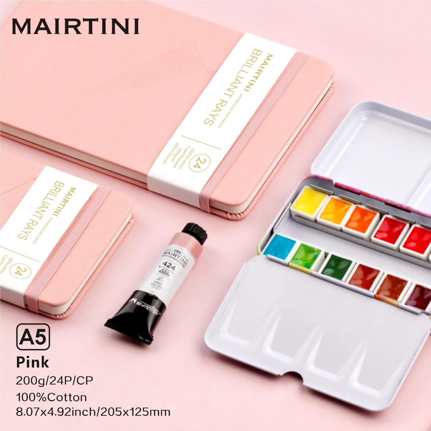 Mairtini Academy Grade Brilliant Series Pure Cotton Portable Watercolor Journal 200g Watercolor Pad 24 Sheets A5(Pink)