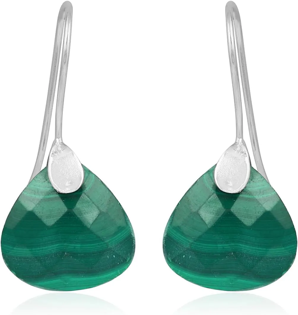 Malachite 925 Sterling Silver Fixed Wire Earrings for women Gemstone Jewelry Handmade Boho Brightstone Green Stone Pear Shape Earrings for Gift