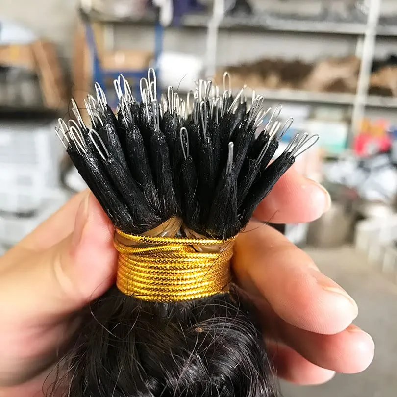 Malaysian Nano Ring Hair Extensions Human Hair Kinky Curly Nano Tip Bead Human Hair Extensions For Women Black and Brown Color (20inch 100strand, 4 Dark Brown)