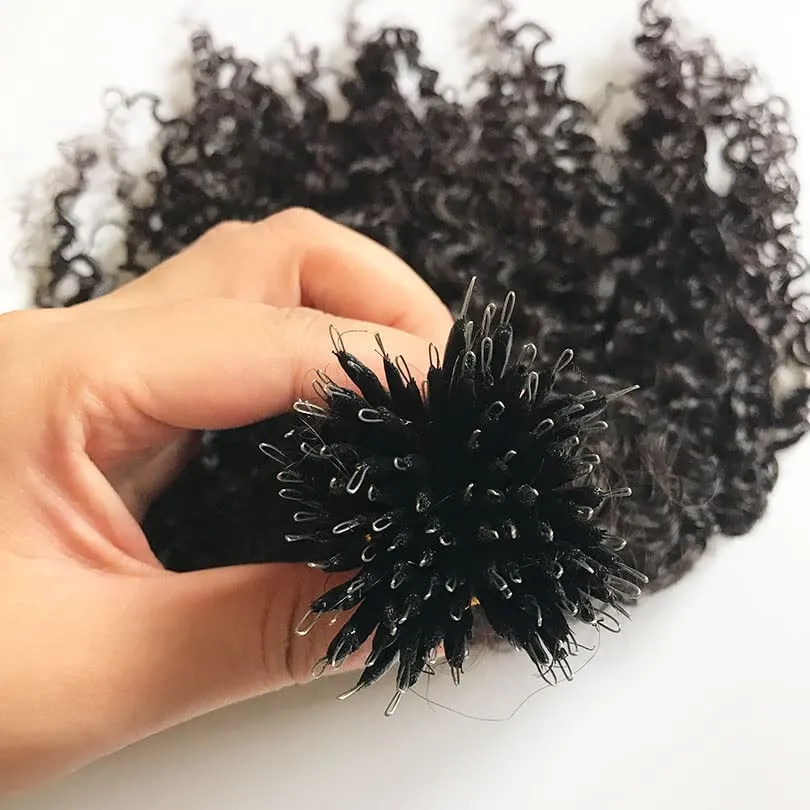 Malaysian Nano Ring Hair Extensions Human Hair Kinky Curly Nano Tip Bead Human Hair Extensions For Women Black and Brown Color (20inch 100strand, 4 Dark Brown)