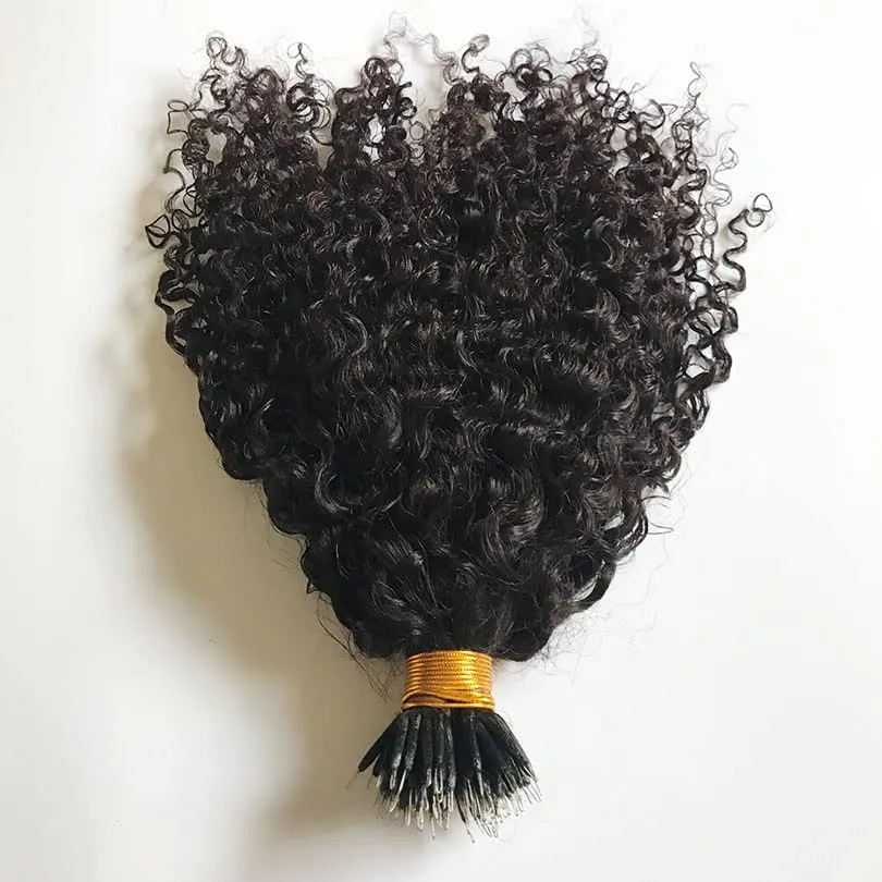 Malaysian Nano Ring Hair Extensions Human Hair Kinky Curly Nano Tip Bead Human Hair Extensions For Women Black and Brown Color (20inch 100strand, 4 Dark Brown)