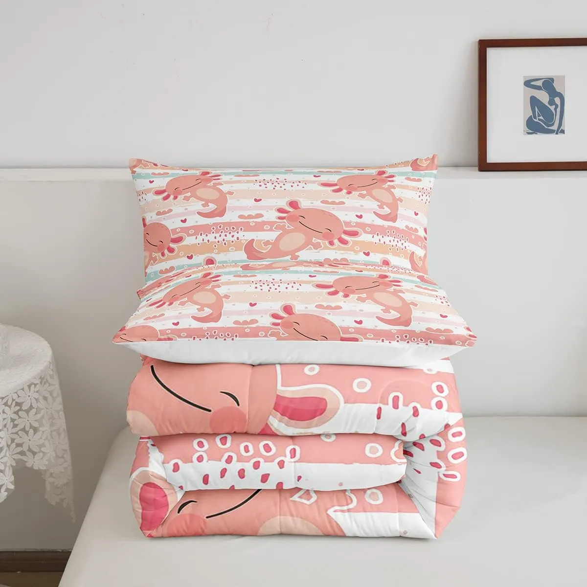 Manfei Cute Axolotl Comforter Set King Size,Rainbow Stripes Quilt Set,Animal Theme Bedding Comforters 3pcs for Kids Teens Girls Boys Room Decor,Pink Romantic Soft Duvet Set with 2 Pillowcases