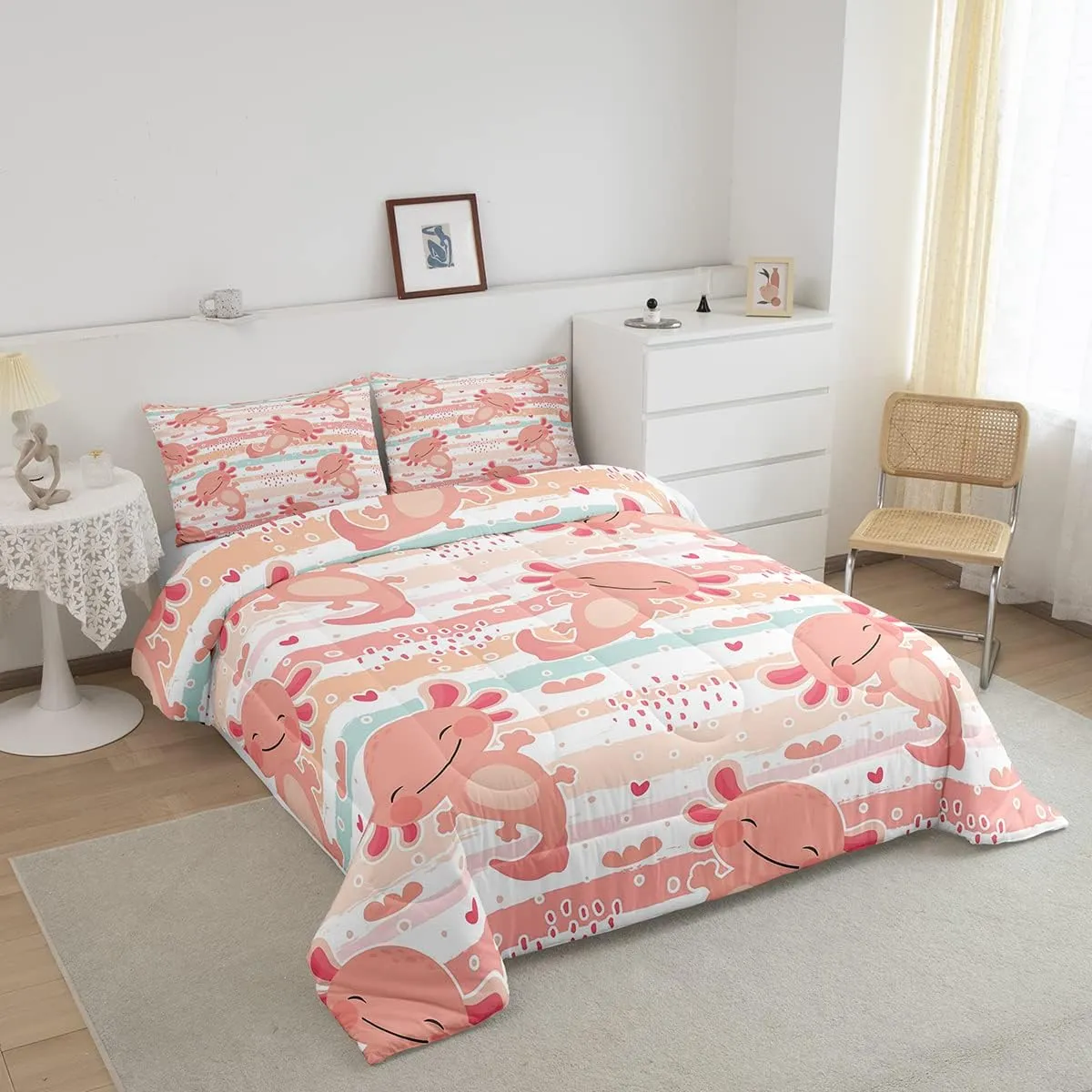 Manfei Cute Axolotl Comforter Set King Size,Rainbow Stripes Quilt Set,Animal Theme Bedding Comforters 3pcs for Kids Teens Girls Boys Room Decor,Pink Romantic Soft Duvet Set with 2 Pillowcases