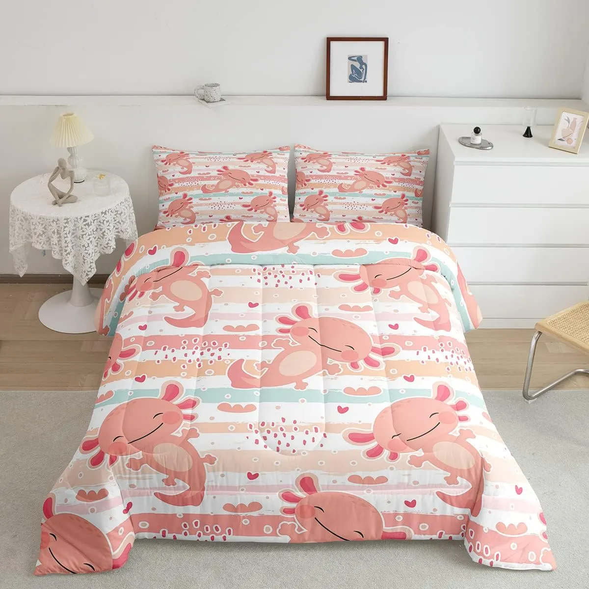 Manfei Cute Axolotl Comforter Set King Size,Rainbow Stripes Quilt Set,Animal Theme Bedding Comforters 3pcs for Kids Teens Girls Boys Room Decor,Pink Romantic Soft Duvet Set with 2 Pillowcases