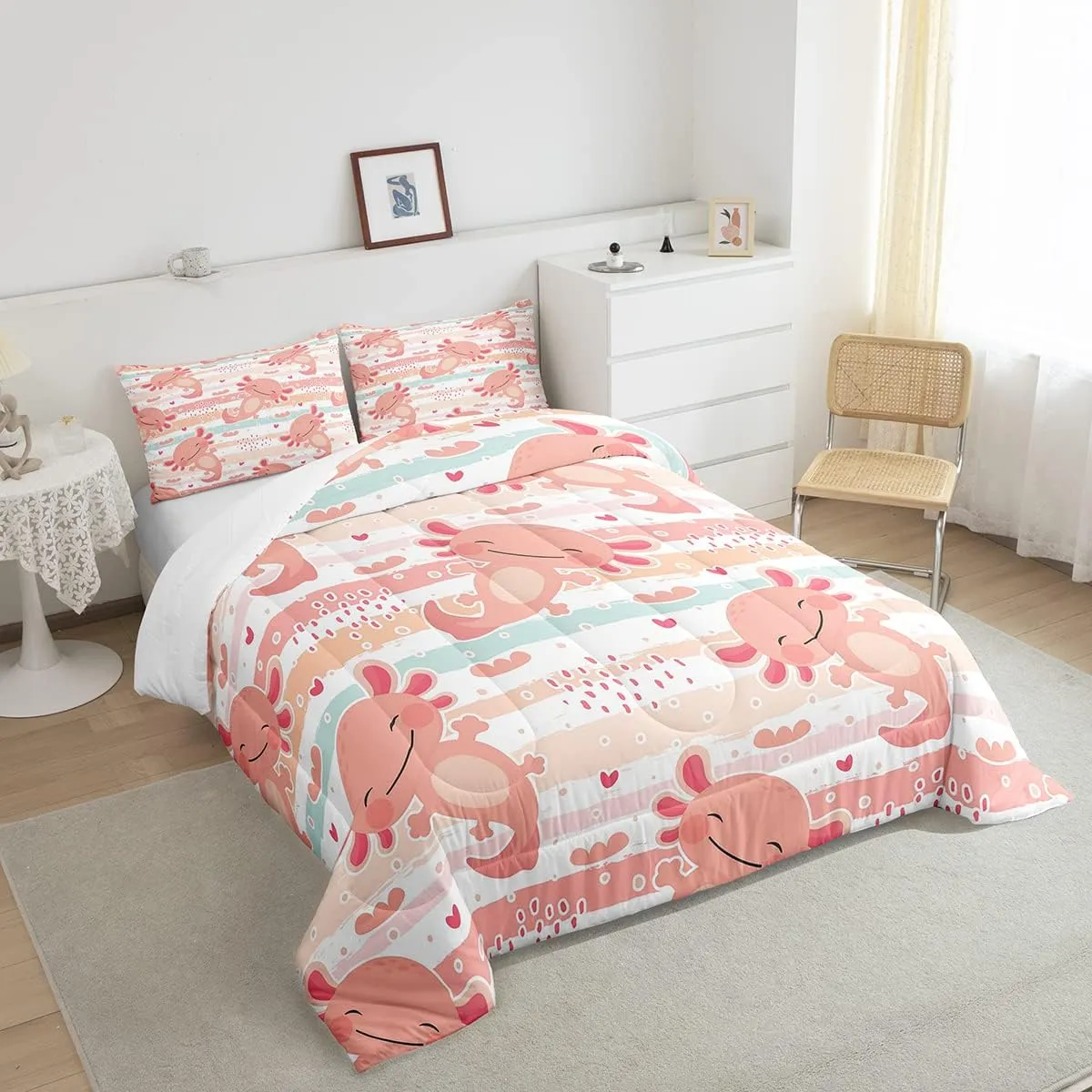 Manfei Cute Axolotl Comforter Set King Size,Rainbow Stripes Quilt Set,Animal Theme Bedding Comforters 3pcs for Kids Teens Girls Boys Room Decor,Pink Romantic Soft Duvet Set with 2 Pillowcases