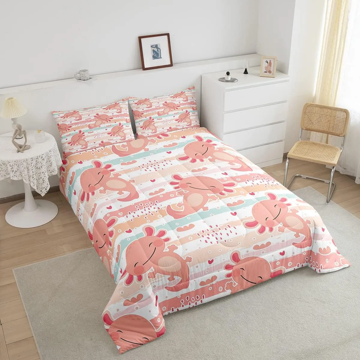Manfei Cute Axolotl Comforter Set King Size,Rainbow Stripes Quilt Set,Animal Theme Bedding Comforters 3pcs for Kids Teens Girls Boys Room Decor,Pink Romantic Soft Duvet Set with 2 Pillowcases
