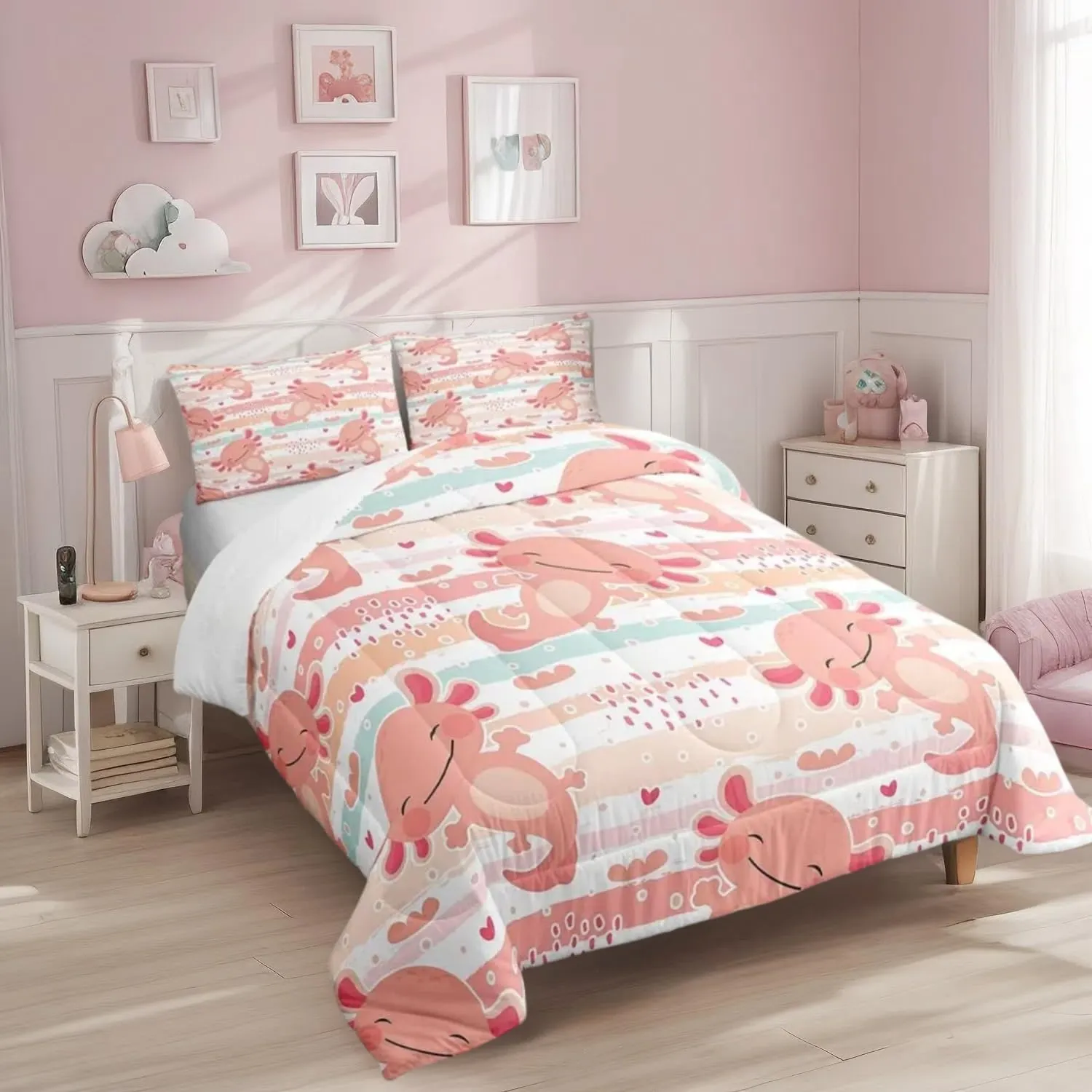 Manfei Cute Axolotl Comforter Set King Size,Rainbow Stripes Quilt Set,Animal Theme Bedding Comforters 3pcs for Kids Teens Girls Boys Room Decor,Pink Romantic Soft Duvet Set with 2 Pillowcases
