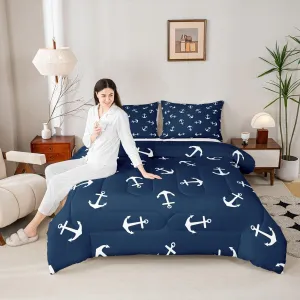 Manfei Summer Anchor Comforter Set Twin Size, Nautical Anchor Bedding Set 2pcs for Kids Boys Teens Bedroom Decor, Fashion Navy Blue Quilt Set Soft Polyester Duvet Set with 1 Pillowcase