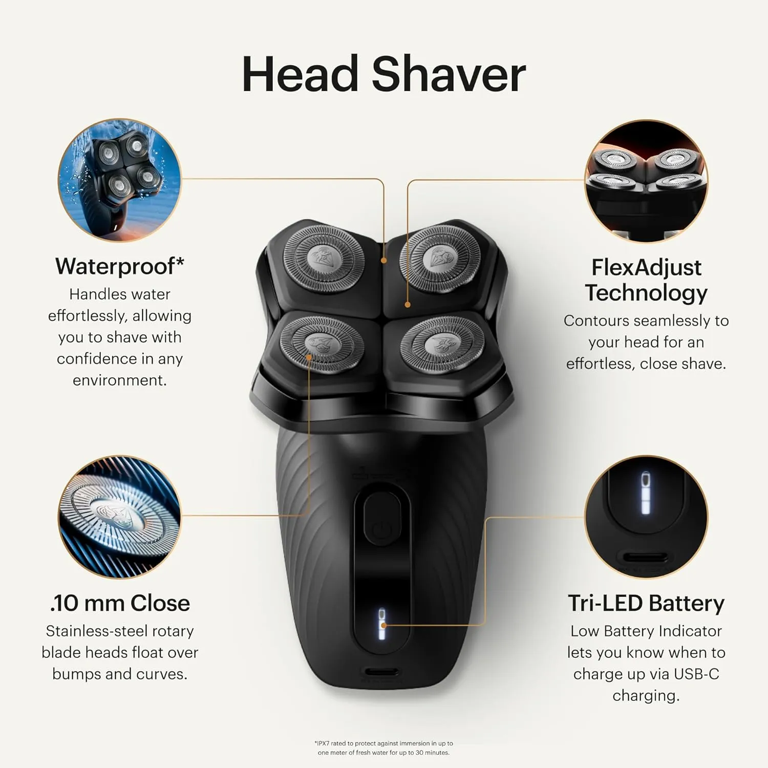 MANSCAPED® The Dome Shaver™ Plus Men’s Head Shaver – Four Double-Track Rotary Blades with SkinSafe® & FlexAdjust Technology, Waterproof, USB-C Charging, Magnetic Detachable Blade Pad, Travel Lock