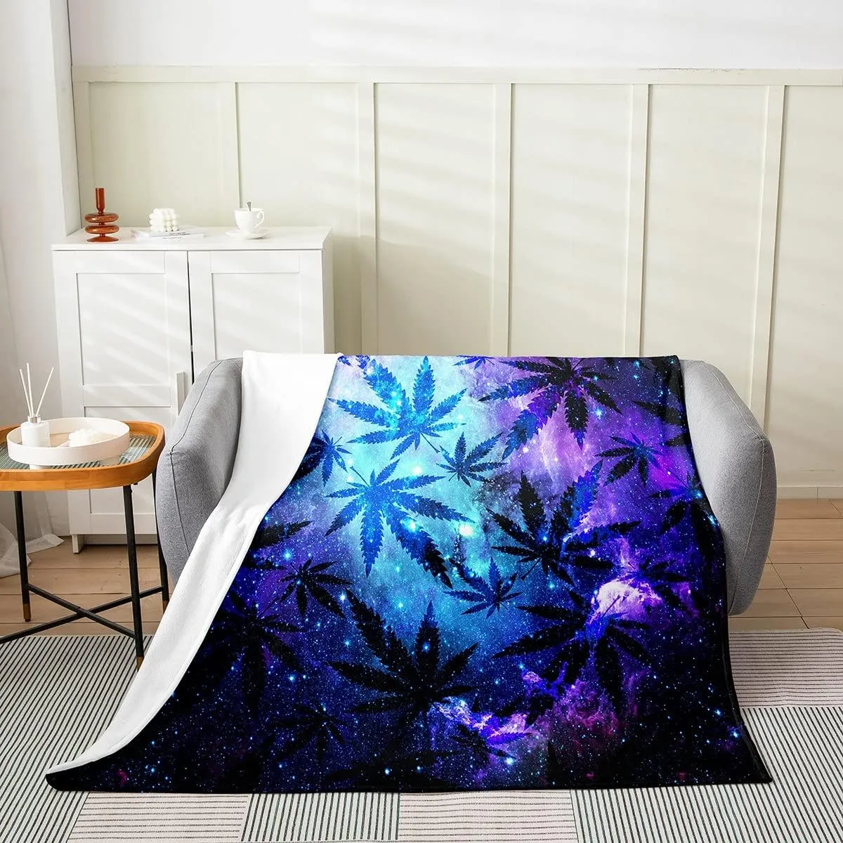 Marijuana Weed Leaf Fleece Blanket Cannabis Leaves Flannel Blanket Throw 50x60,Trippy Purple Galaxy Marijuana Leaf Flannel Blanket for Boys Girls Men Botanical Leaves Starry Sky Fuzzy Blanket