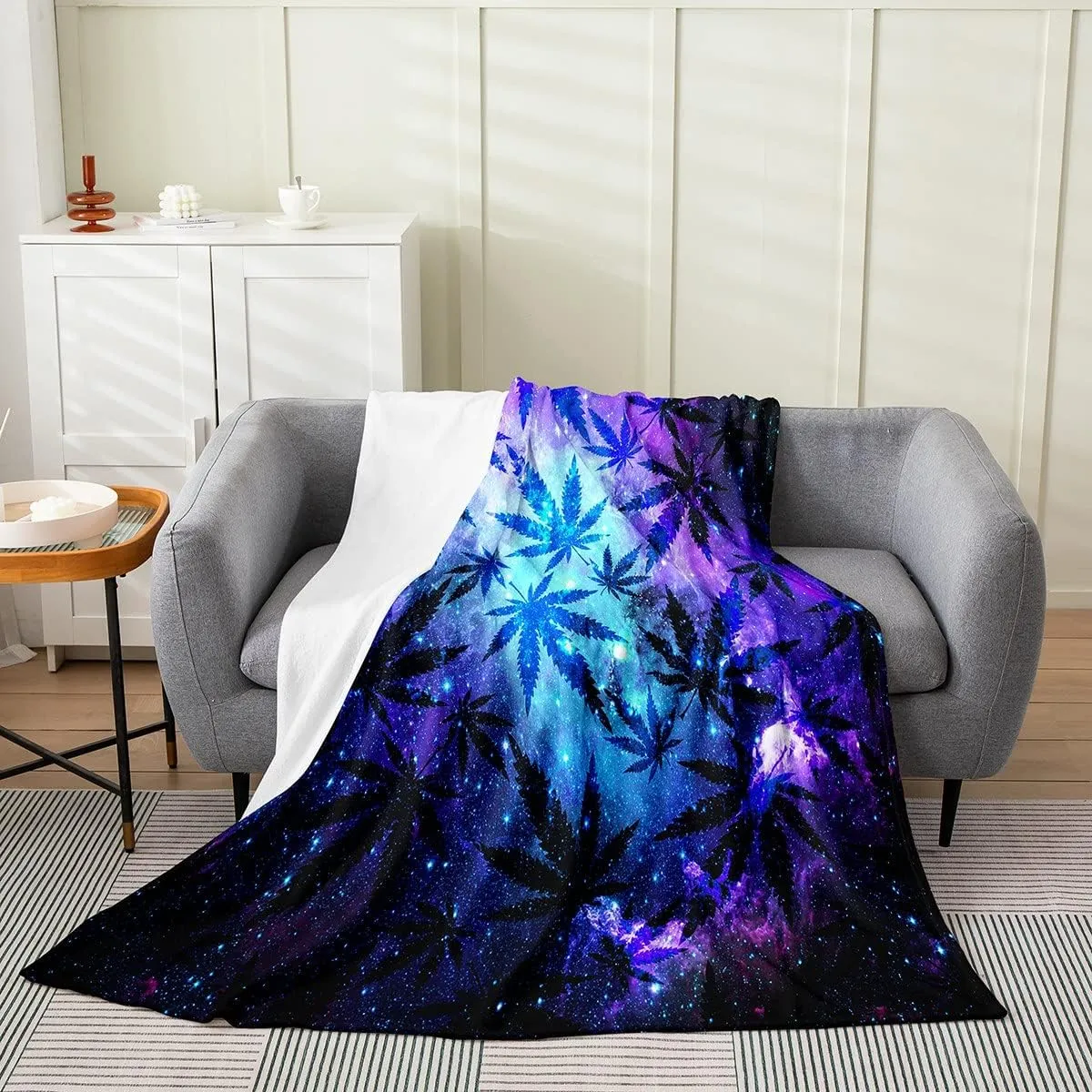 Marijuana Weed Leaf Fleece Blanket Cannabis Leaves Flannel Blanket Throw 50x60,Trippy Purple Galaxy Marijuana Leaf Flannel Blanket for Boys Girls Men Botanical Leaves Starry Sky Fuzzy Blanket