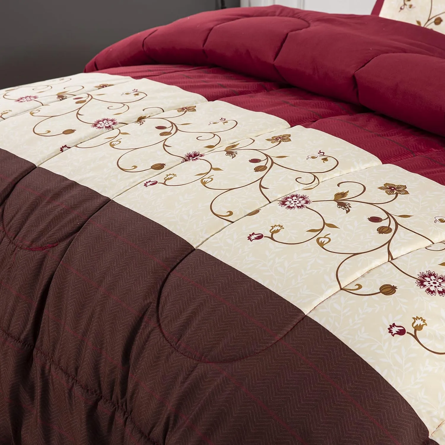 Marina Decoration Ultra Soft Luxury Fluffy Goose Down Alternative Bed in a Bag Rich Printed 7 Piece Comforter Set Includes 4 Piece Sheet Set, Modern Burgundy Cosmos Floral Pattern King Size