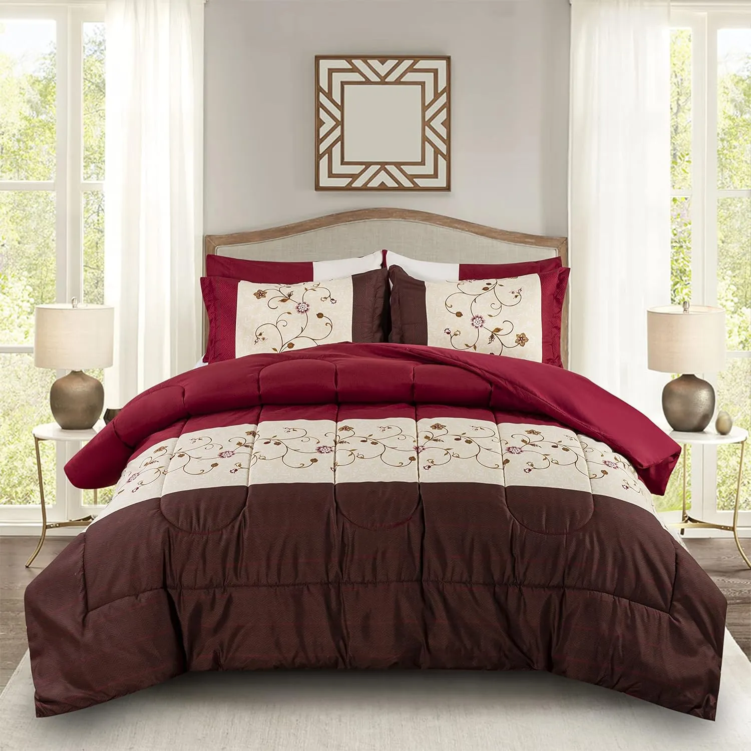 Marina Decoration Ultra Soft Luxury Fluffy Goose Down Alternative Bed in a Bag Rich Printed 7 Piece Comforter Set Includes 4 Piece Sheet Set, Modern Burgundy Cosmos Floral Pattern King Size