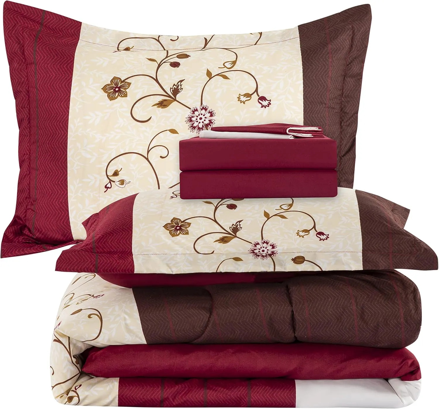 Marina Decoration Ultra Soft Luxury Fluffy Goose Down Alternative Bed in a Bag Rich Printed 7 Piece Comforter Set Includes 4 Piece Sheet Set, Modern Burgundy Cosmos Floral Pattern King Size