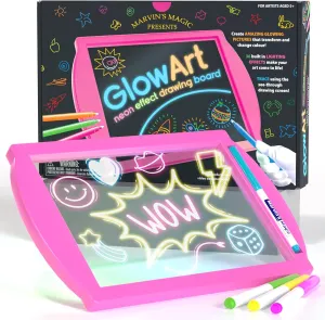 Marvin's Magic - Glow Art Unique Craft Kit - Light Up Kids Art Set - Includes Neon Effect Drawing Board with A Built-in Stand and 4 Fluorescent Magic Pens - Pink