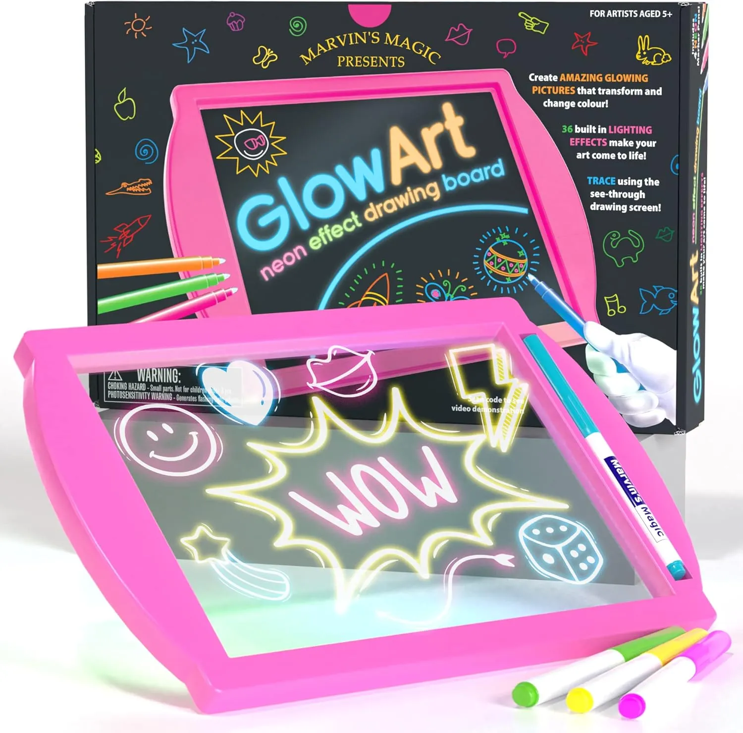 Marvin's Magic - Glow Art Unique Craft Kit - Light Up Kids Art Set - Includes Neon Effect Drawing Board with A Built-in Stand and 4 Fluorescent Magic Pens - Pink