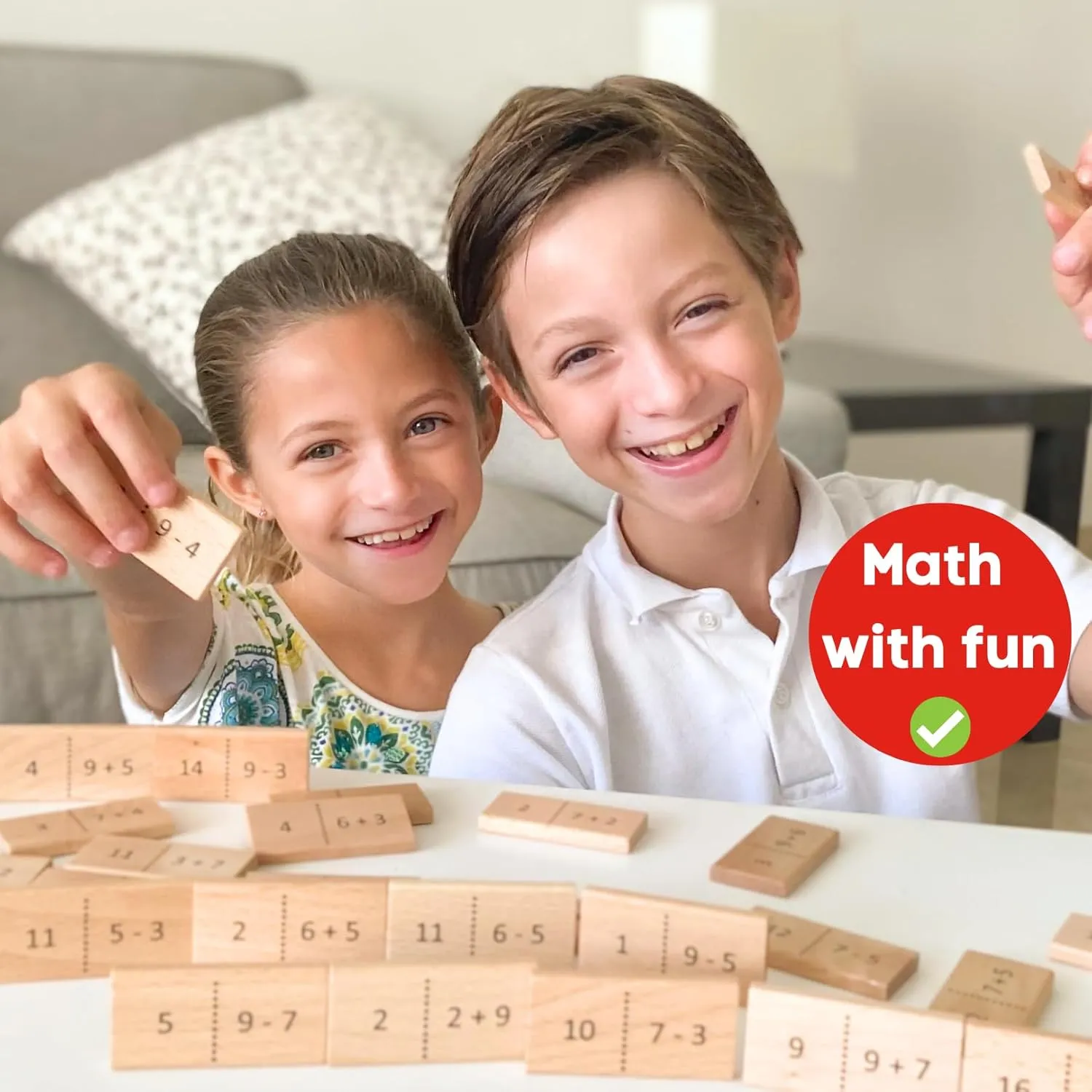 Math Domino Game for 1st & 2nd Grade | Wooden Algebra Dominoes Plus/Minus | Educational Learning Toy for Kids 6  | Classroom, Homeschool & Teaching Supplies