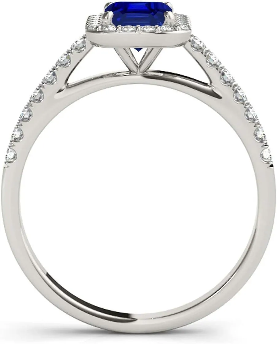 MauliJewels 0.9 Carat Diamond And Emerald Shape Sapphire Bridal Set Ring 4-prong 10k White Gold