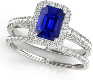 MauliJewels 0.9 Carat Diamond And Emerald Shape Sapphire Bridal Set Ring 4-prong 10k White Gold