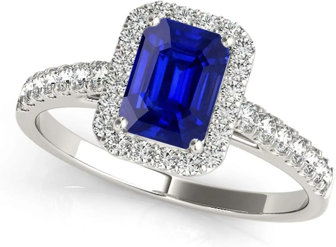 MauliJewels 0.9 Carat Diamond And Emerald Shape Sapphire Bridal Set Ring 4-prong 10k White Gold