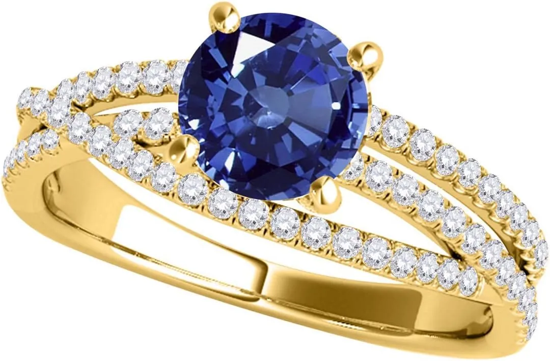 MauliJewels 1.18 Carat Halo Split Shank Sapphire And Diamond Engagement Ring Crafted 4-prong 14k Solid Yellow Gold