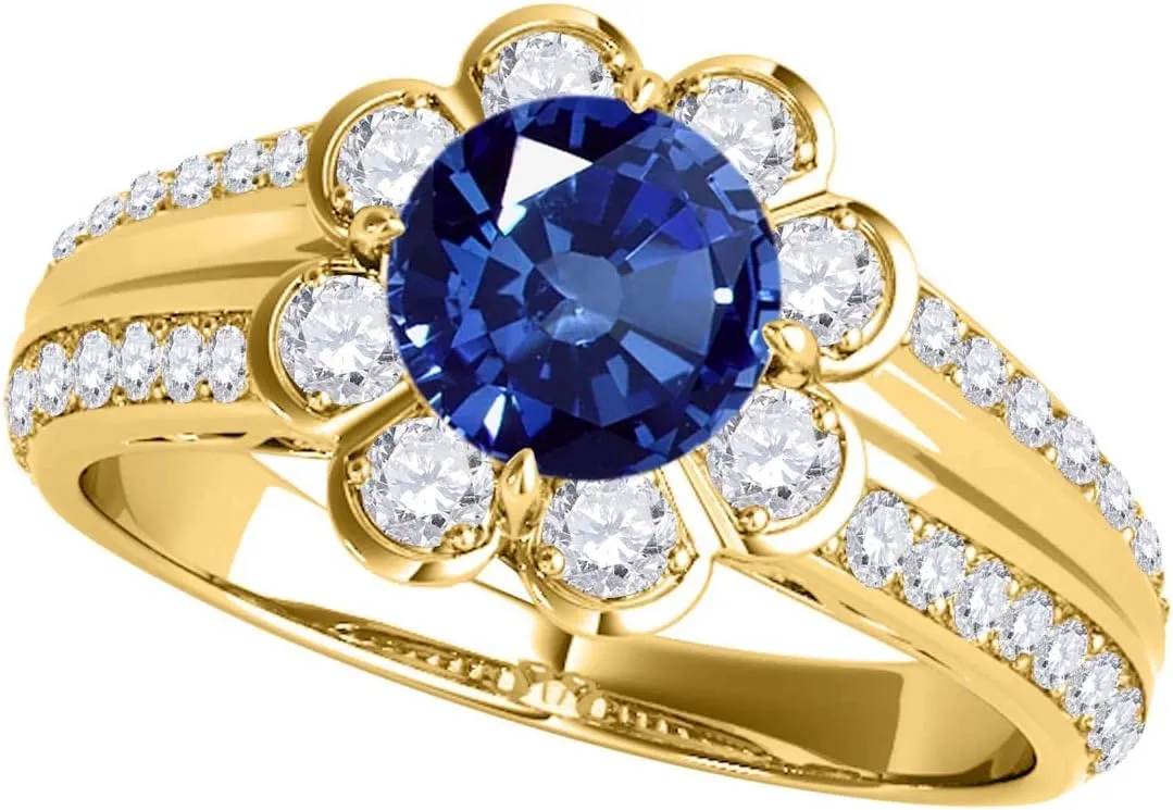 MauliJewels 1.25 Carat Halo Sapphire And Diamond Engagement Ring 4 prong 14k Solid Yellow Gold