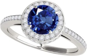 MauliJewels 1.35 Carat Antique Design Halo Sapphire and Diamond Engagement Ring 4-Prong 14k Solid White Gold