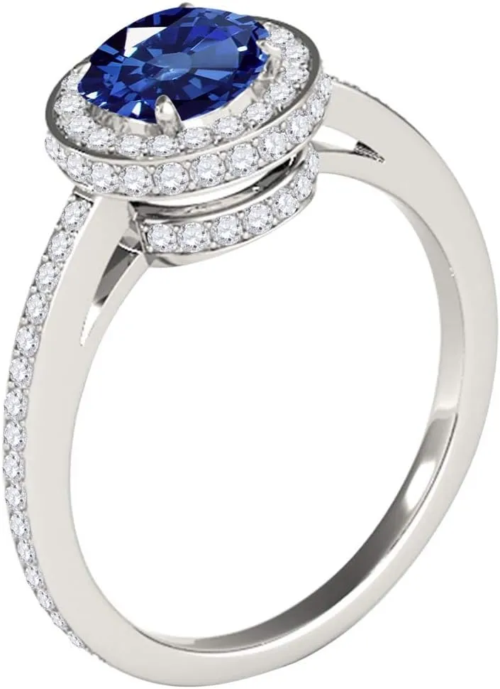 MauliJewels 1.35 Carat Antique Design Halo Sapphire and Diamond Engagement Ring 4-Prong 14k Solid White Gold