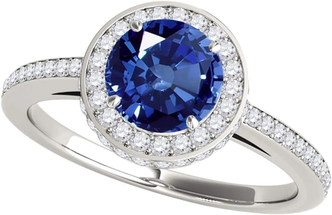 MauliJewels 1.35 Carat Antique Design Halo Sapphire and Diamond Engagement Ring 4-Prong 14k Solid White Gold