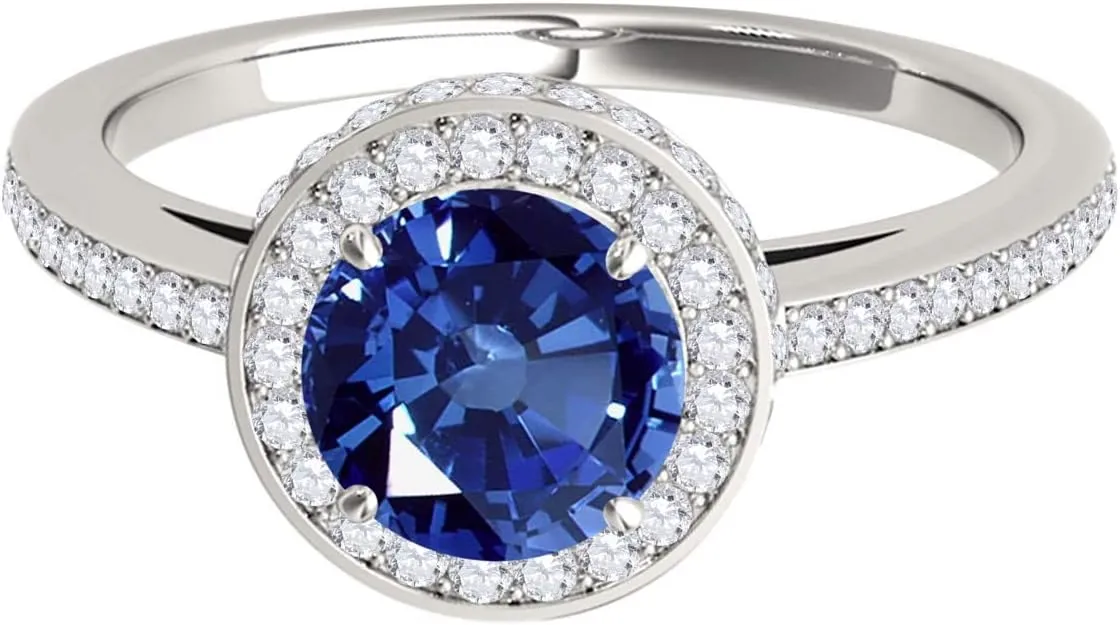 MauliJewels 1.35 Carat Antique Design Halo Sapphire and Diamond Engagement Ring 4-Prong 14k Solid White Gold