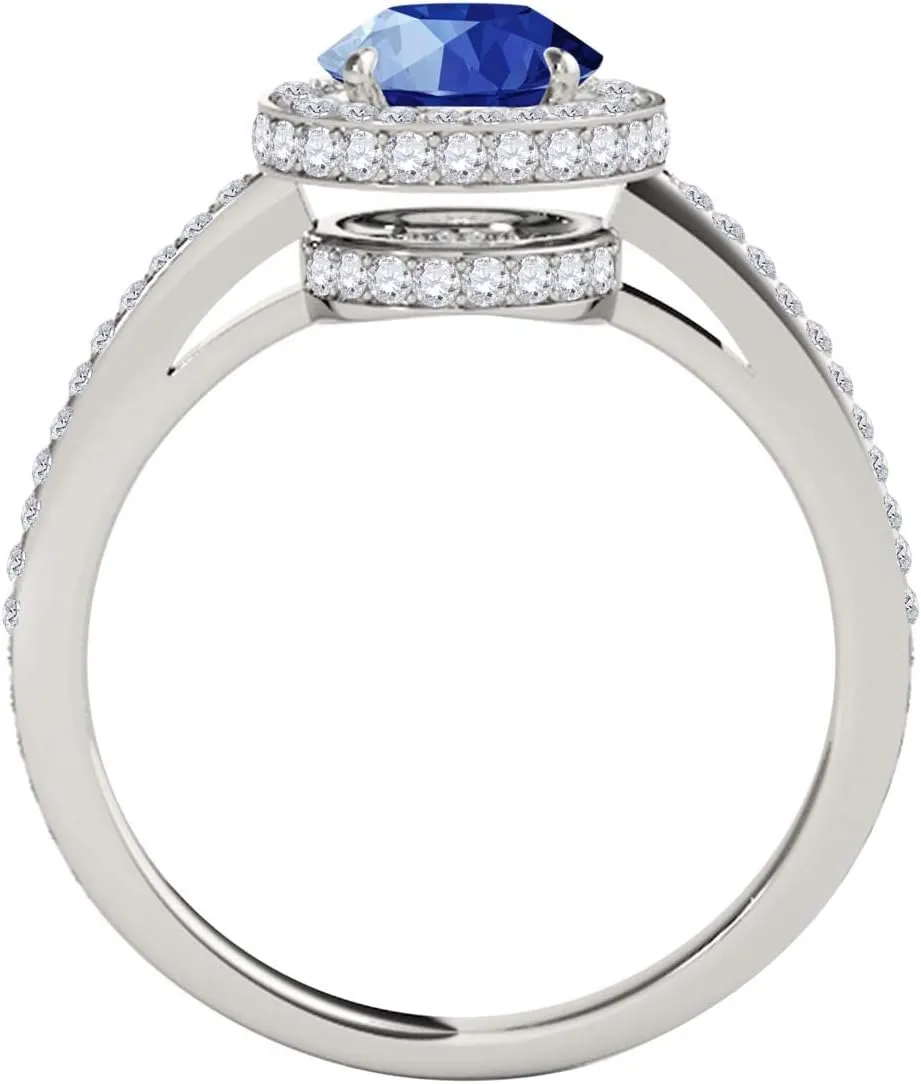 MauliJewels 1.35 Carat Antique Design Halo Sapphire and Diamond Engagement Ring 4-Prong 14k Solid White Gold