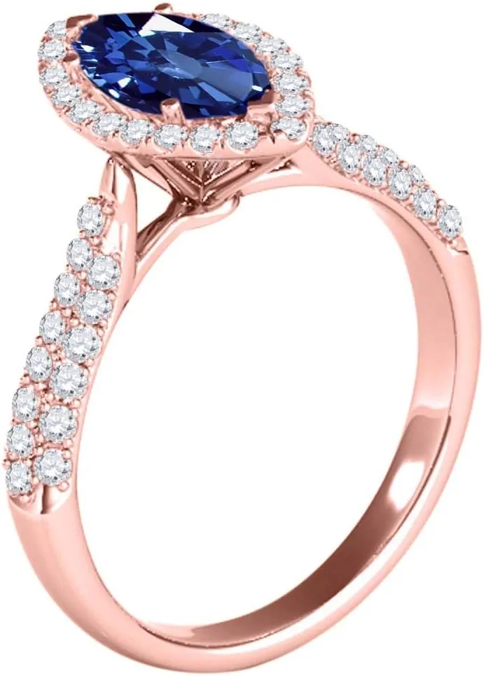 MauliJewels Rings for Women 0.87 Carat Elegant Look Diamond And Marquise Shape Created Sapphire Ring pave 10k Rose Gold