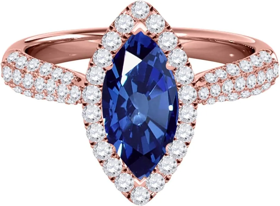 MauliJewels Rings for Women 0.87 Carat Elegant Look Diamond And Marquise Shape Created Sapphire Ring pave 10k Rose Gold
