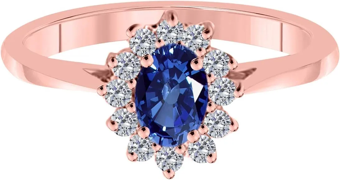 MauliJewels Rings for Women 0.89 Carat Diamond and Oval Shape Blue Topaz Ring Prong 10K Rose Gold