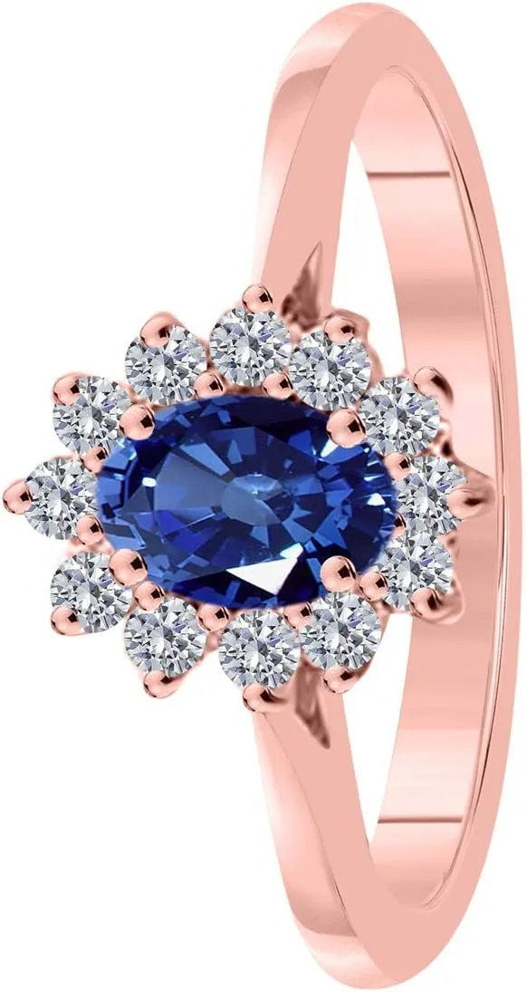 MauliJewels Rings for Women 0.89 Carat Diamond and Oval Shape Blue Topaz Ring Prong 10K Rose Gold
