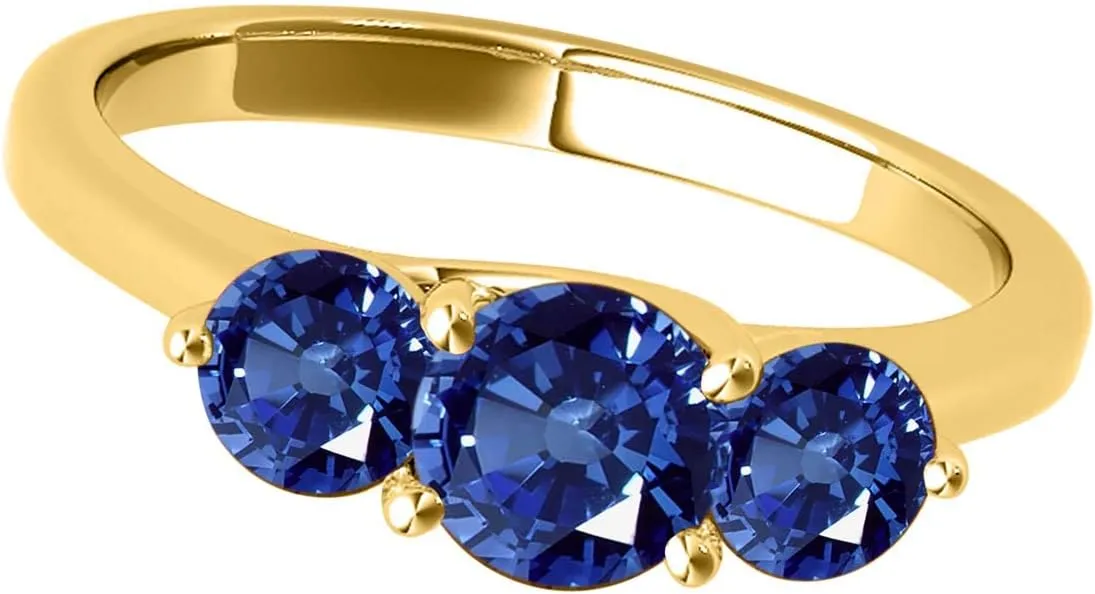 MauliJewels Rings for Women 1.85 Carat Three Stone Round Shaped Sapphire Ring prong 10K Yellow Gold