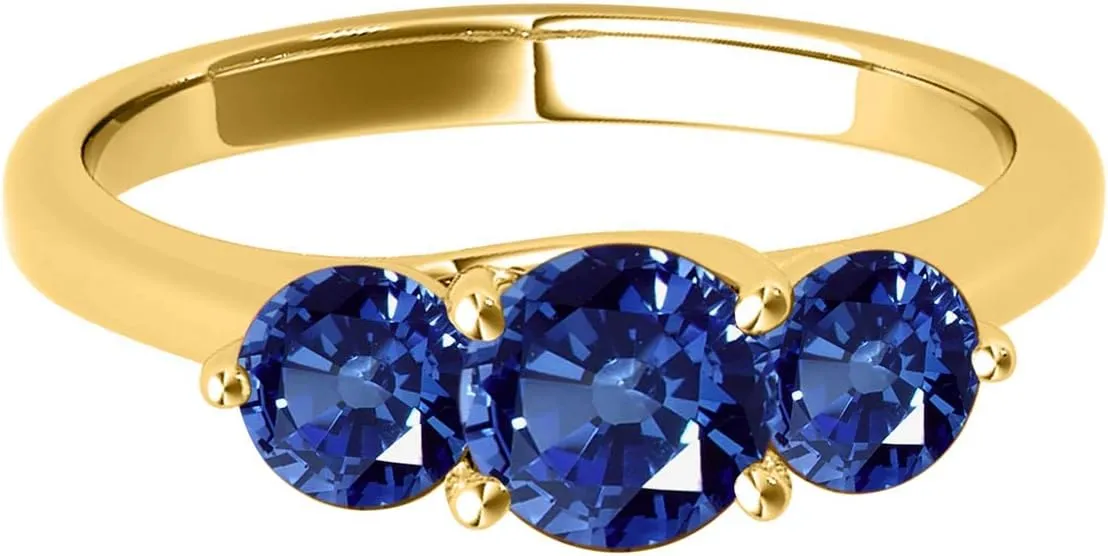 MauliJewels Rings for Women 1.85 Carat Three Stone Round Shaped Sapphire Ring prong 10K Yellow Gold