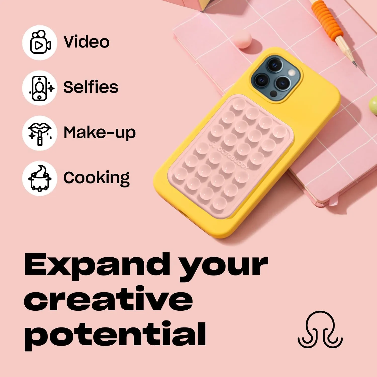 MAX Silicone Suction Phone Case Adhesive Mount - Hands-Free, Strong Grip Holder for Selfies and Videos - Durable, Easy to Use - iPhone and Android Compatible - 2.6″ x 3.9″, Chalk Pink