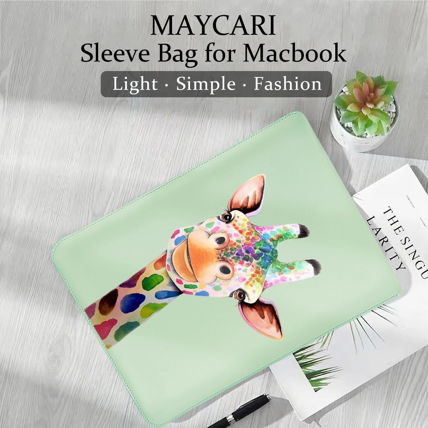 MAYCARI Green Cartoon Giraffe Laptop Sleeve, Compatible with 13-14 Inch Laptops, Shock Resistant, Soft Faux Leather, Mouse Pad Use, Slim Design