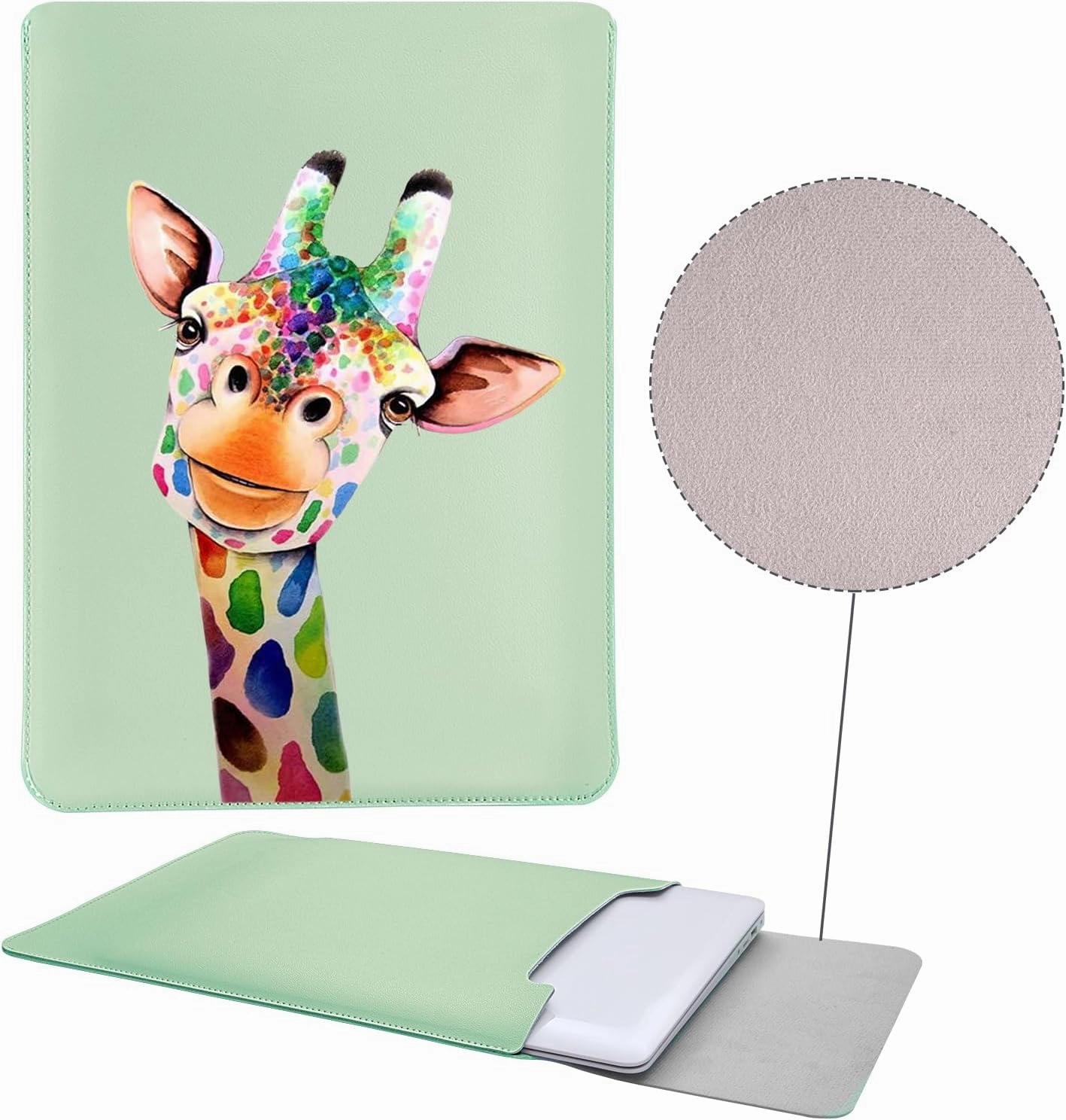 MAYCARI Green Cartoon Giraffe Laptop Sleeve, Compatible with 13-14 Inch Laptops, Shock Resistant, Soft Faux Leather, Mouse Pad Use, Slim Design