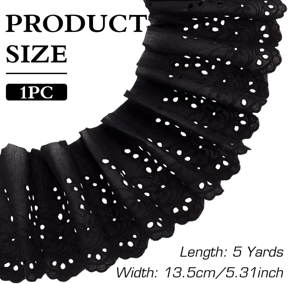 MAYJOYDIY 5 Yards Black Cotton Eyelet Lace Trim 5.3inch Wide Wavy Edge Floral Lace Ribbon Floral Embroidery Ruffle Lace Trim for Sewing Dresses Clothes Bag Gift Wrapping